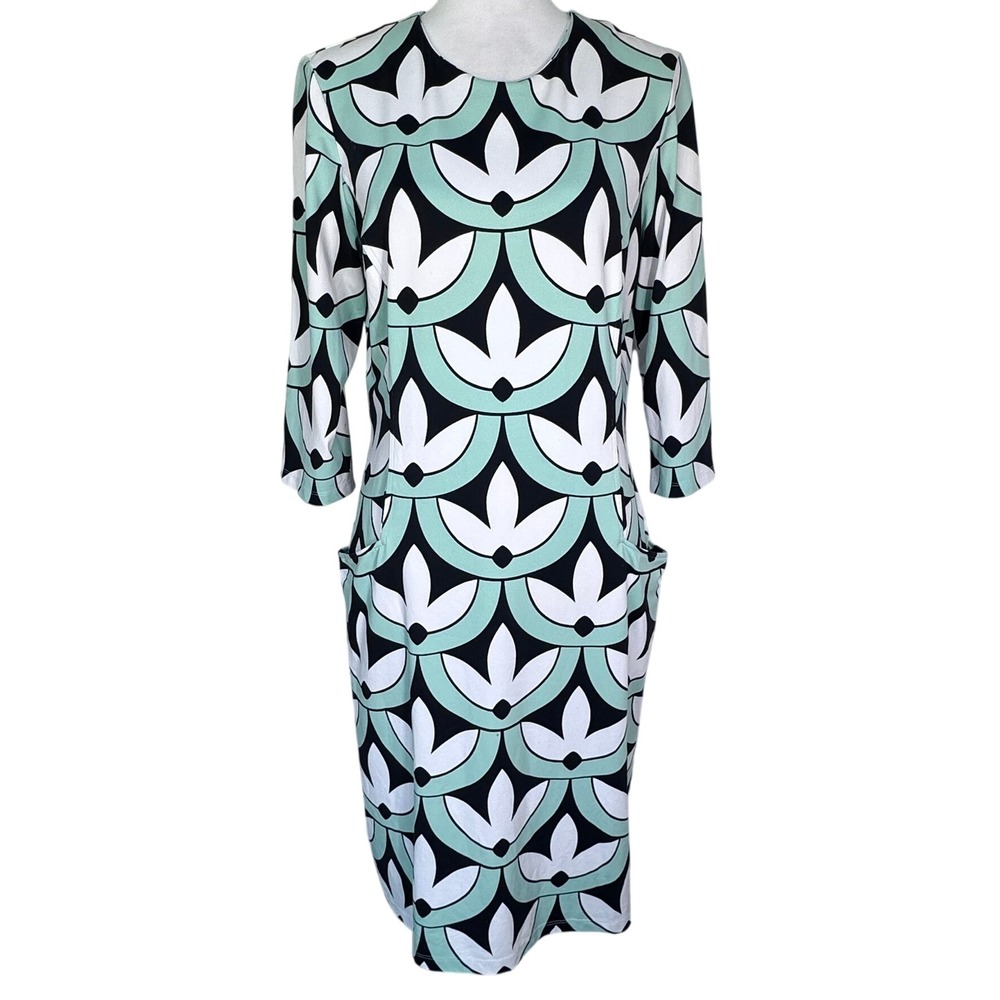 J.MCLAUGHLIN Womens Large Mint Green Black Geometric Floral Catalina Cloth Dress